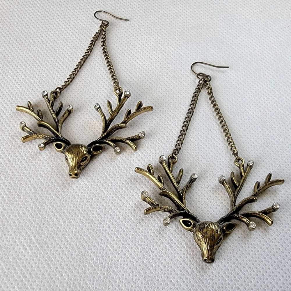 Bronzetone Reindeer Rhinestone Drop Earrings